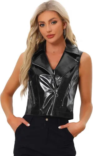 Allegra K Women's Metallic Faux Leather Vest Lapel Collar Zip Sleeveless Cropped Jacket