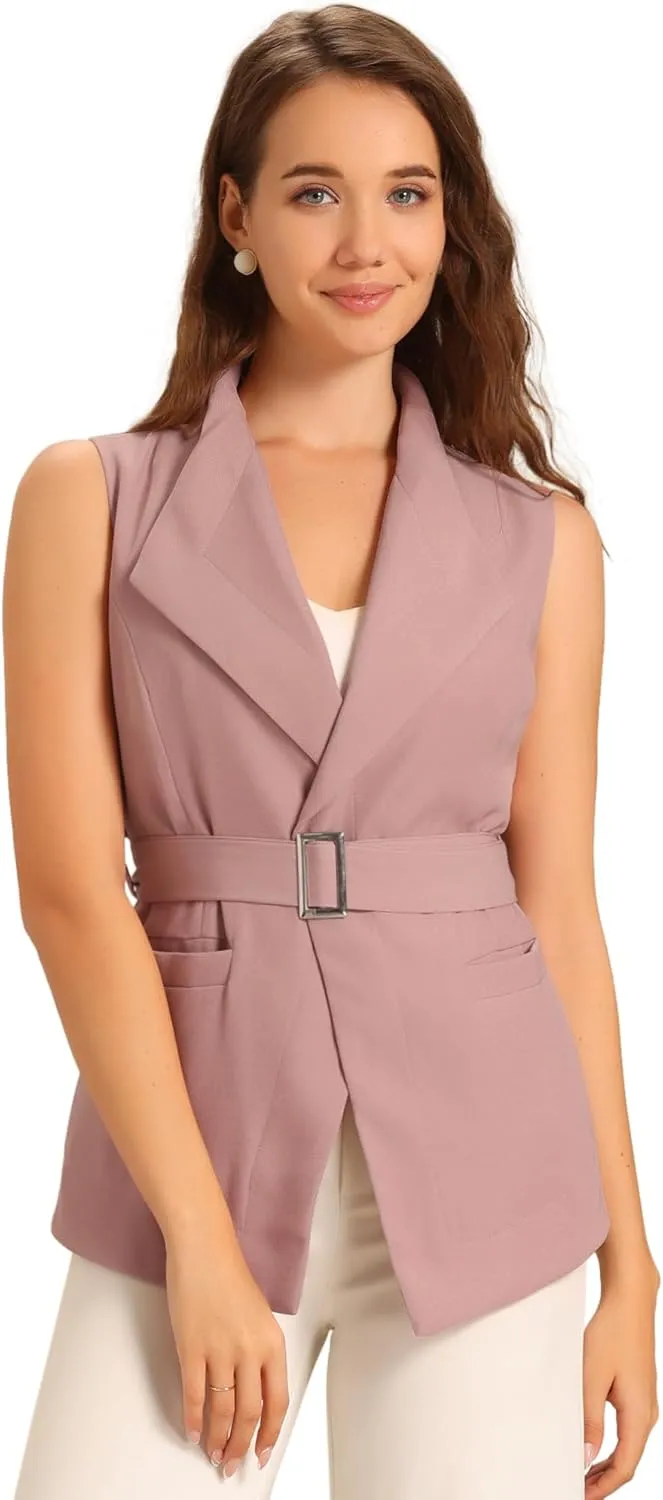 Allegra K Women's Sleeveless Blazer Casual Shawl Collar Belted Work Office Suit Vest Jacket