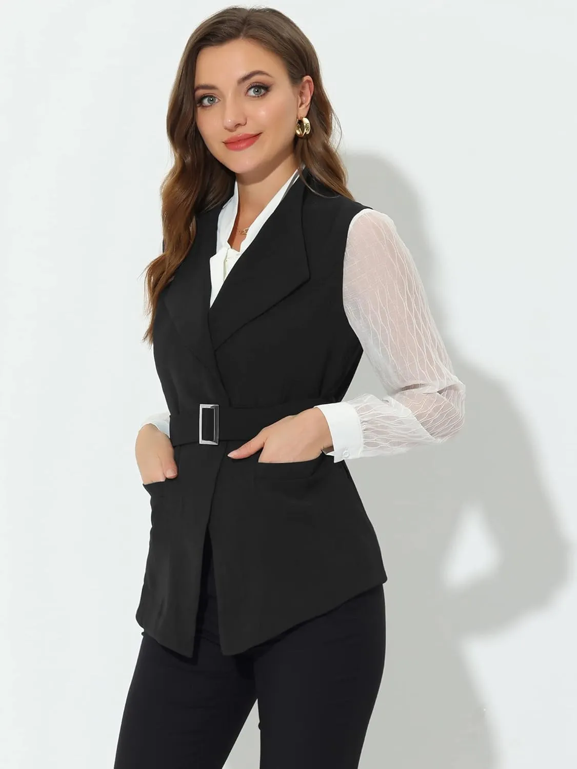 Allegra K Women's Sleeveless Blazer Casual Shawl Collar Belted Work Office Suit Vest Jacket