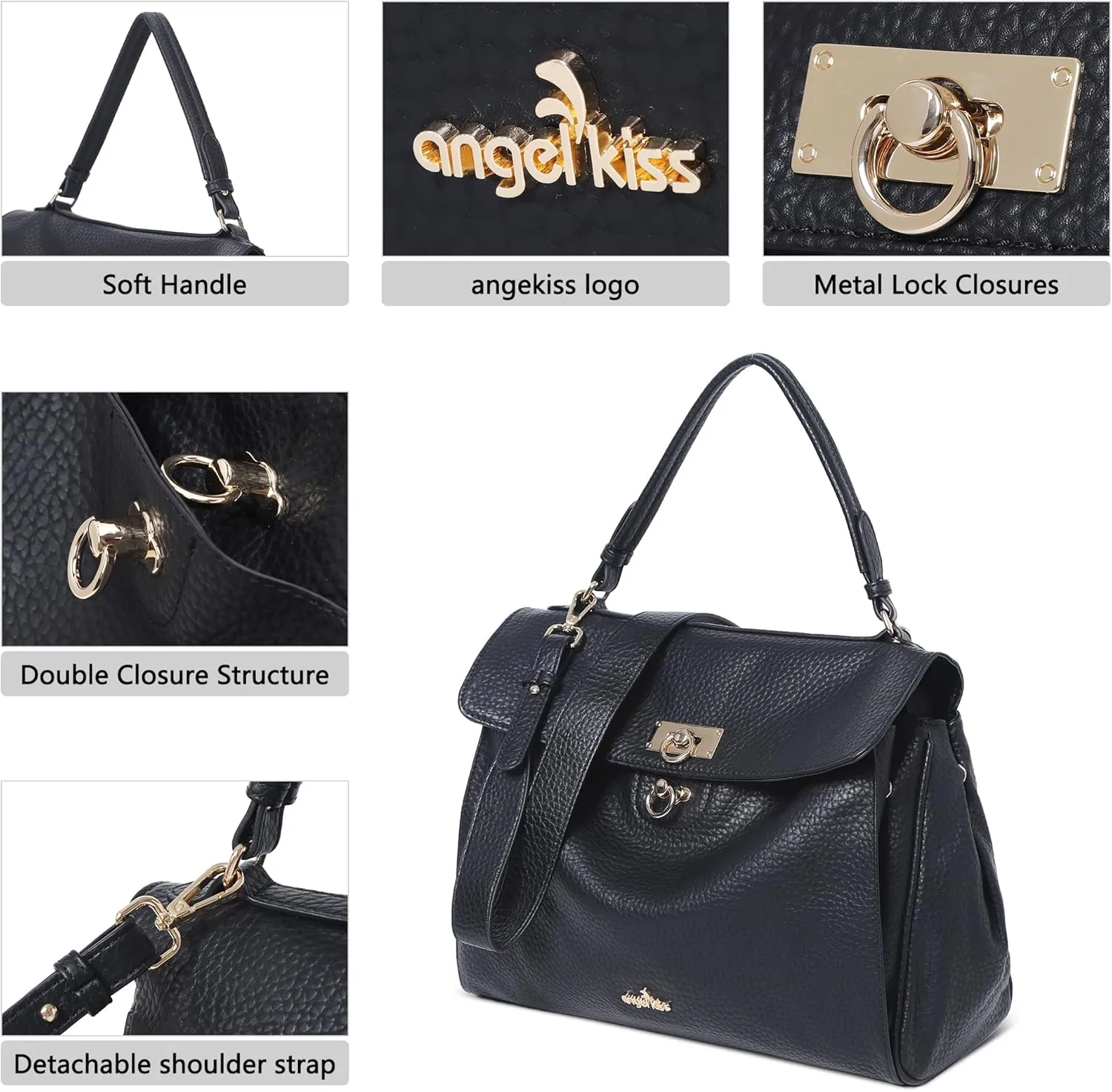 Angel Kiss Satchel Purses and Handbags for Women Soft Vegan Leather Tote Shoulder Bag Top Handle with Crossbody Strap