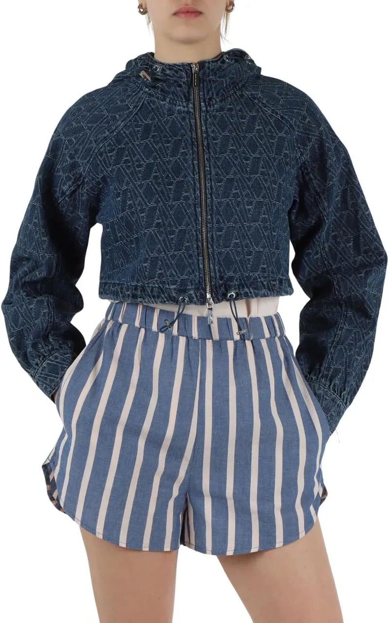 Armani Exchange Women's Jacquard Monogram Logo Cropped Hooded Denim Jacket