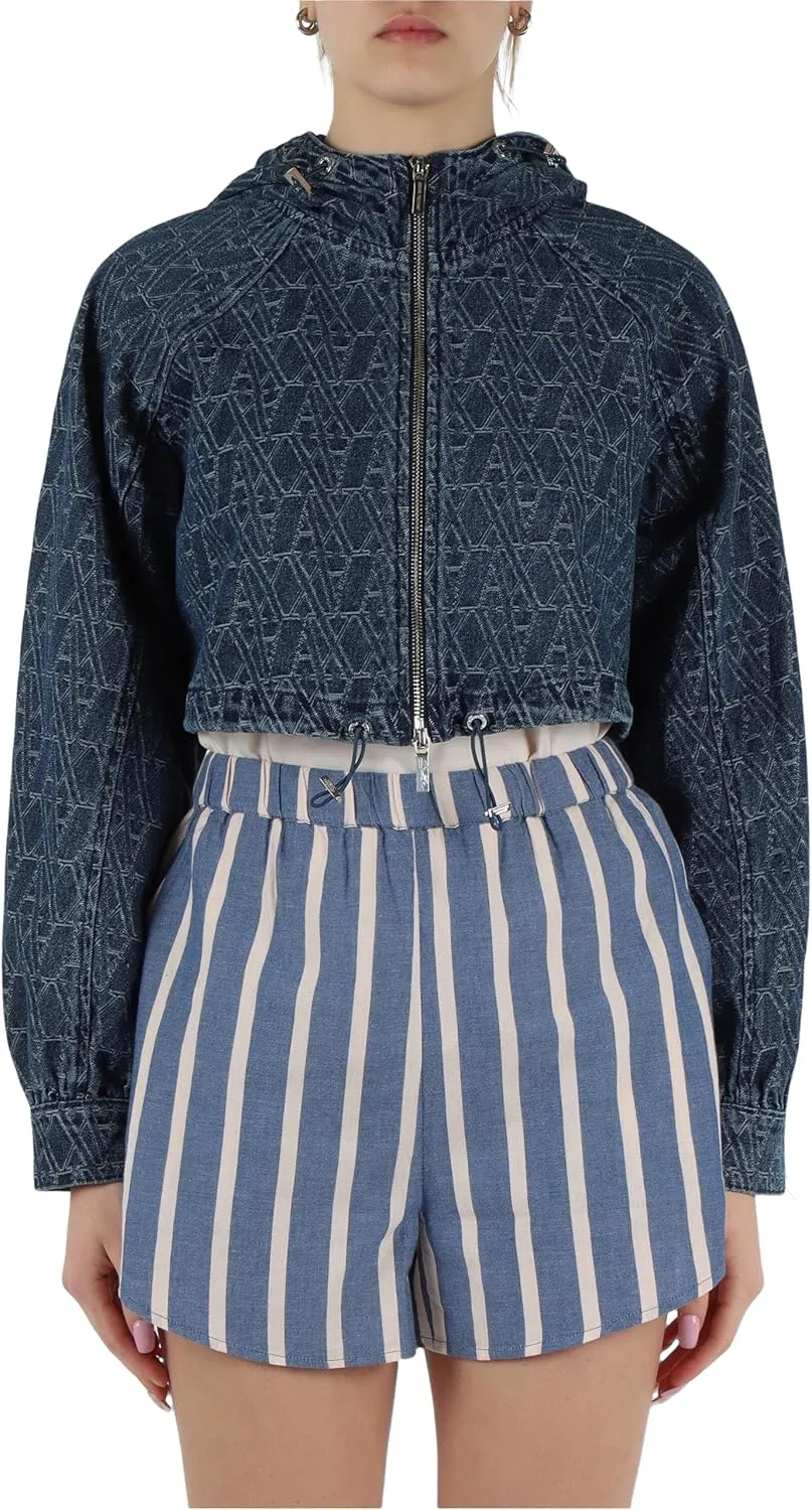 Armani Exchange Women's Jacquard Monogram Logo Cropped Hooded Denim Jacket
