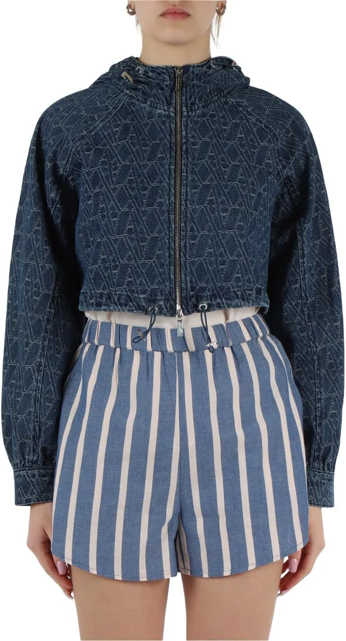 Armani Exchange Women's Jacquard Monogram Logo Cropped Hooded Denim Jacket