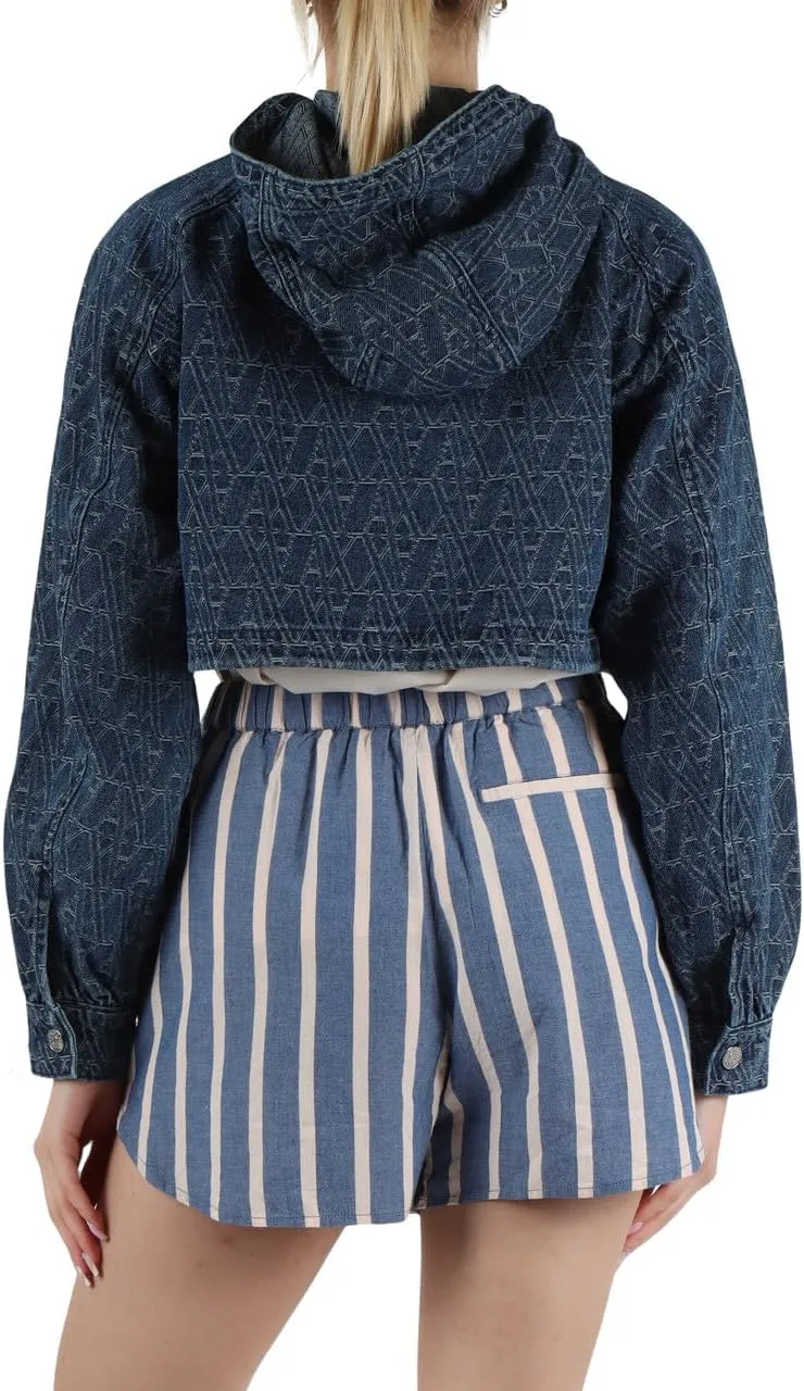 Armani Exchange Women's Jacquard Monogram Logo Cropped Hooded Denim Jacket
