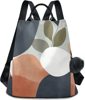 Backpack Purse for Women Mid Century Bohemian Leaves Art Modern Nylon Anti-theft Fashion Travel Back Pack Lightweight Shoulder Bag with Plush Ball Keychain