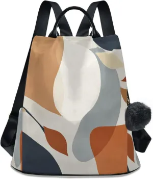 Backpack Purse for Women Mid Century Bohemian Leaves Modern Art Nylon Anti-theft Fashion Travel Back Pack Lightweight Shoulder Bag with Plush Ball Keychain