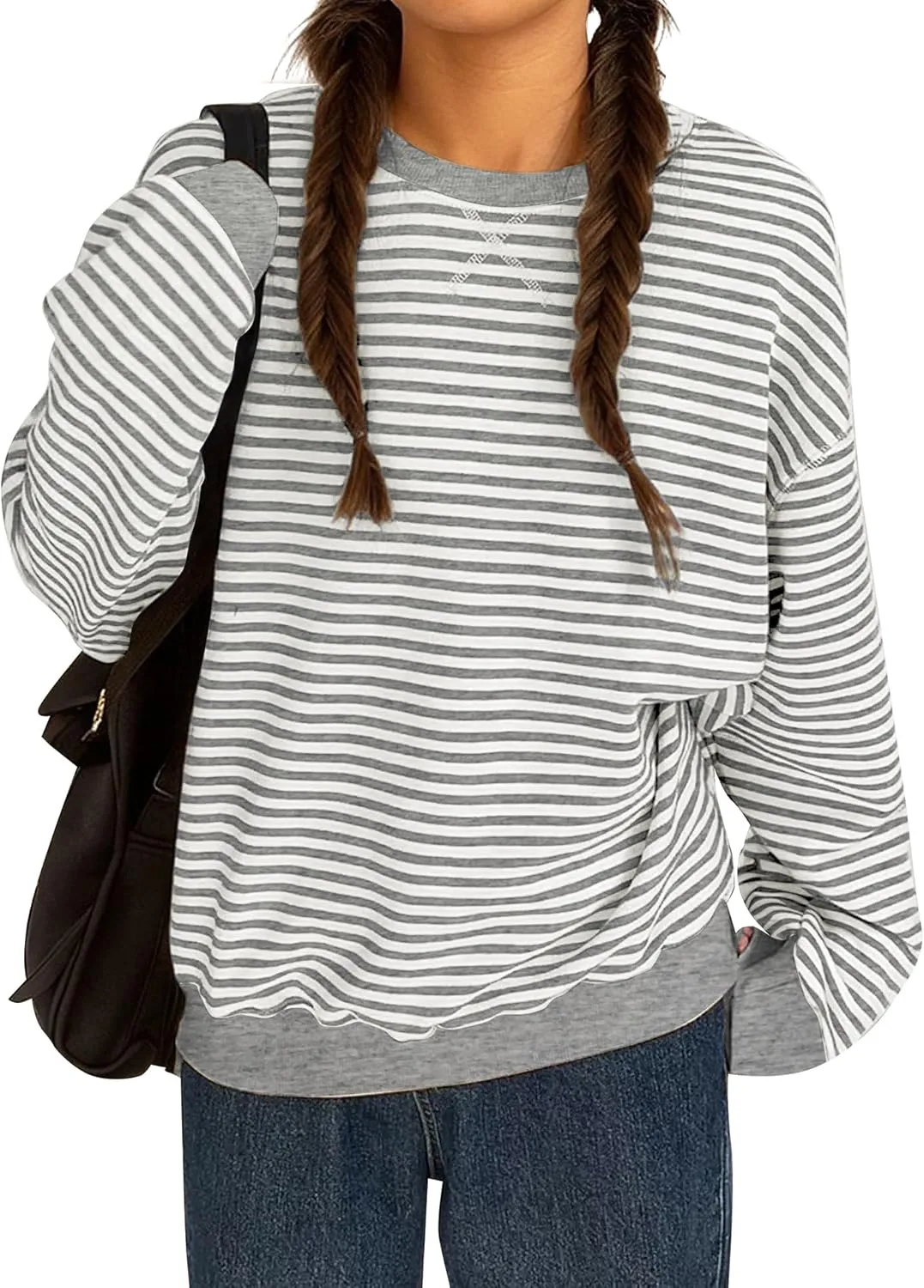 BAIGRAM Women Crewneck Oversized Striped Sweatshirt Long Sleeve Shirts Color Block Y2K Preppy Pullover Tops Fall 2024