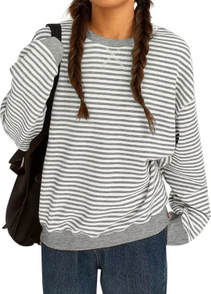 BAIGRAM Women Crewneck Oversized Striped Sweatshirt Long Sleeve Shirts Color Block Y2K Preppy Pullover Tops Fall 2024
