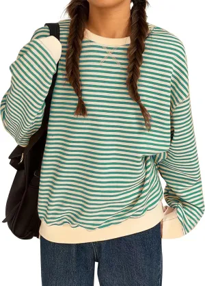 BAIGRAM Women Crewneck Oversized Striped Sweatshirt Long Sleeve Shirts Color Block Y2K Preppy Pullover Tops Fall 2024