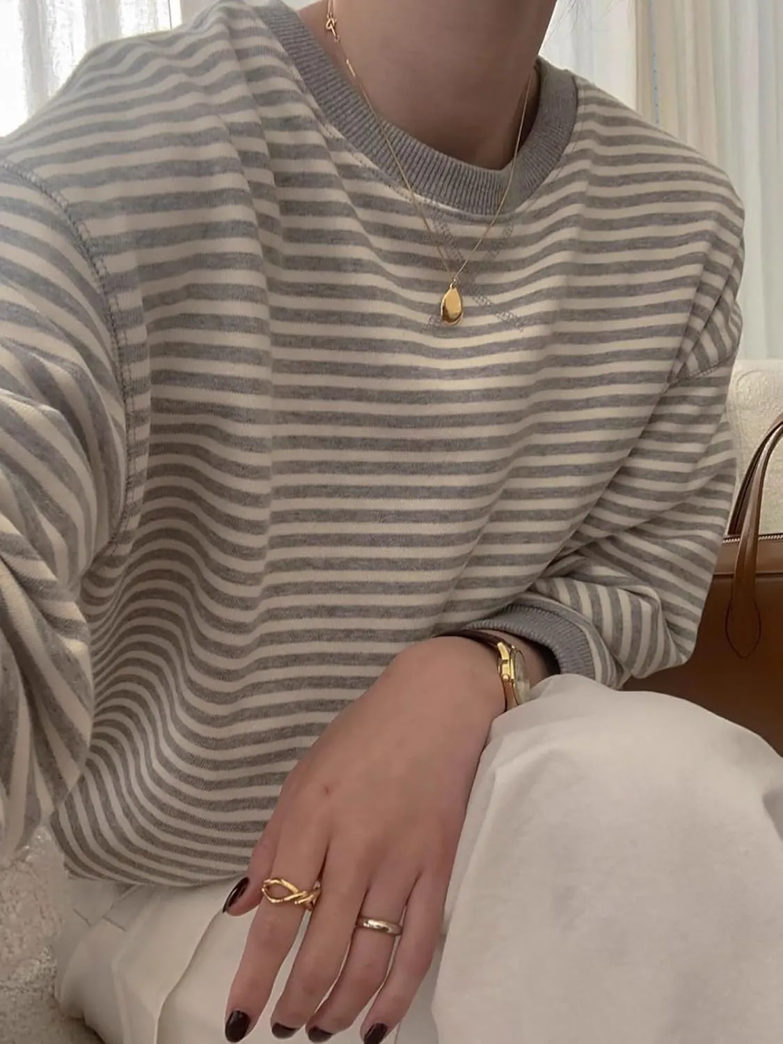 BAIGRAM Women Crewneck Oversized Striped Sweatshirt Long Sleeve Shirts Color Block Y2K Preppy Pullover Tops Fall 2024