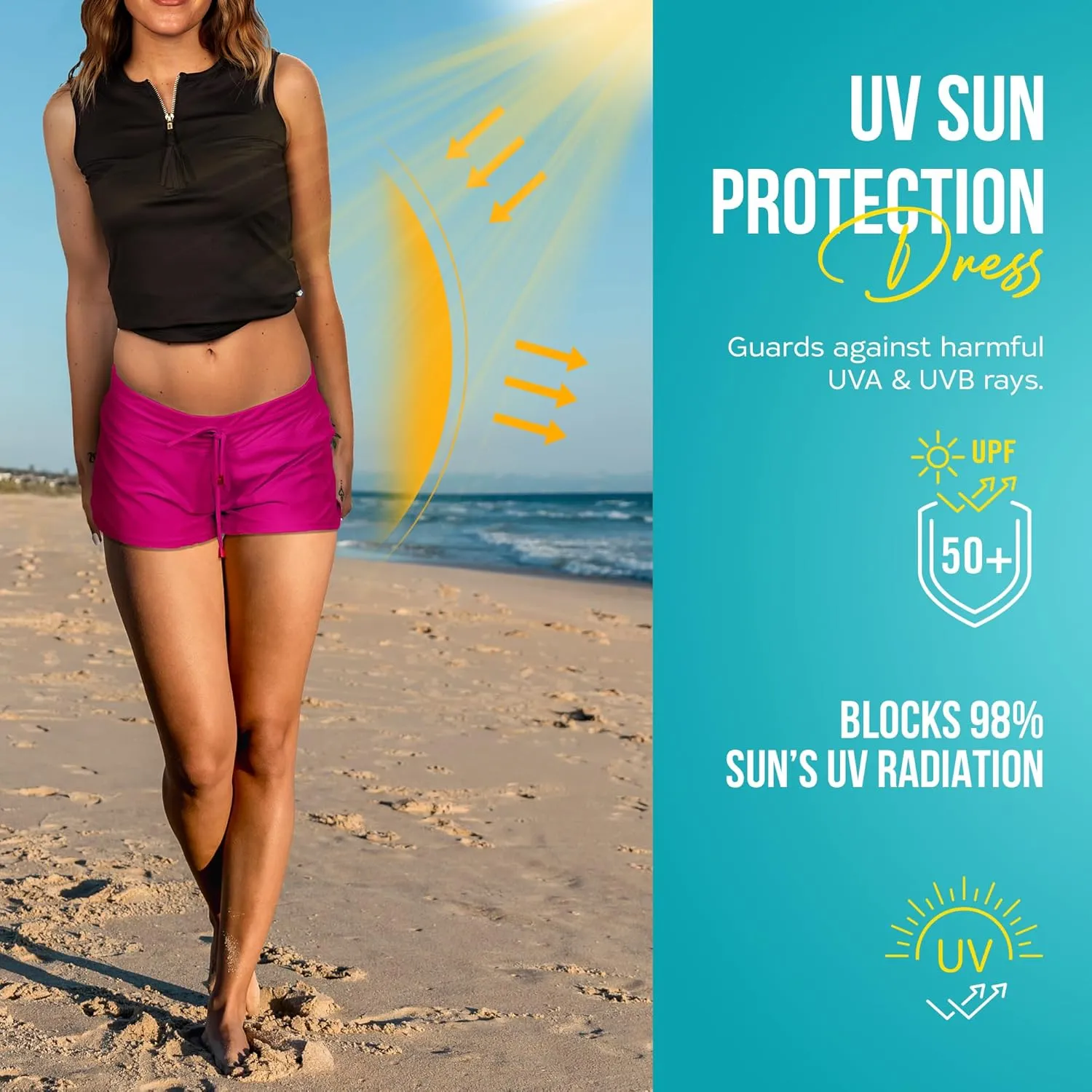 Banana Boat Women's Board Shorts UPF 50  Quick Dry Swim Shorts for Women Black High Rise Modern Solid Sleeveless Tank Top
