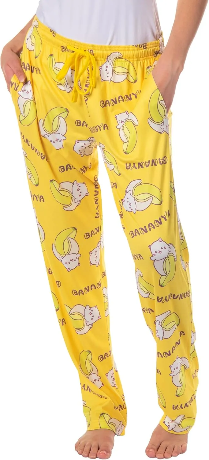 Bananya Women's Bananya Cat and Title All Over Print Lounge Pajama Pants Adult Sleep Bottoms