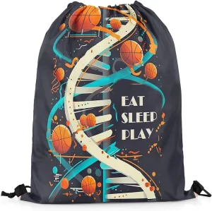 Basketball Drawstring Backpack Watercolor Geometric Spiral Swirls String Bag Sports Sackpack Modern Sports Blue Beige Stripes Drawstring Bag for Adults Men Women 13"x16"