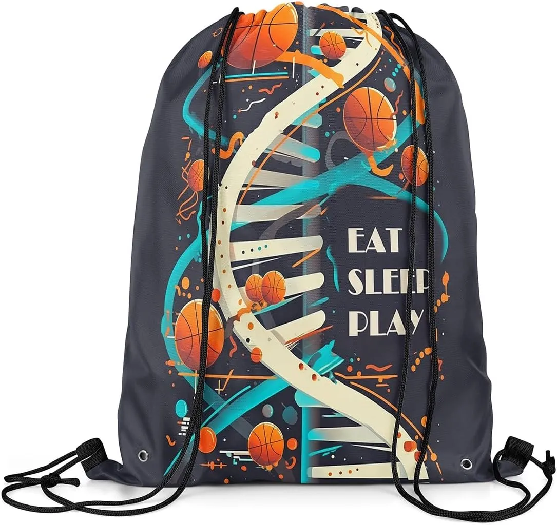Basketball Drawstring Backpack Watercolor Geometric Spiral Swirls String Bag Sports Sackpack Modern Sports Blue Beige Stripes Drawstring Bag for Adults Men Women 13"x16"