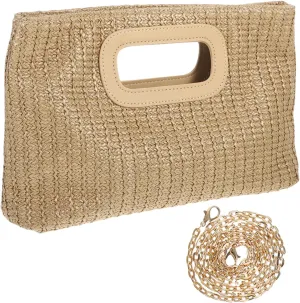 Beach Handbag: Simulated Grass Handbag With Removable Chain Woven Evening Bag Unique Purse For Women Daily Use Travel And Events