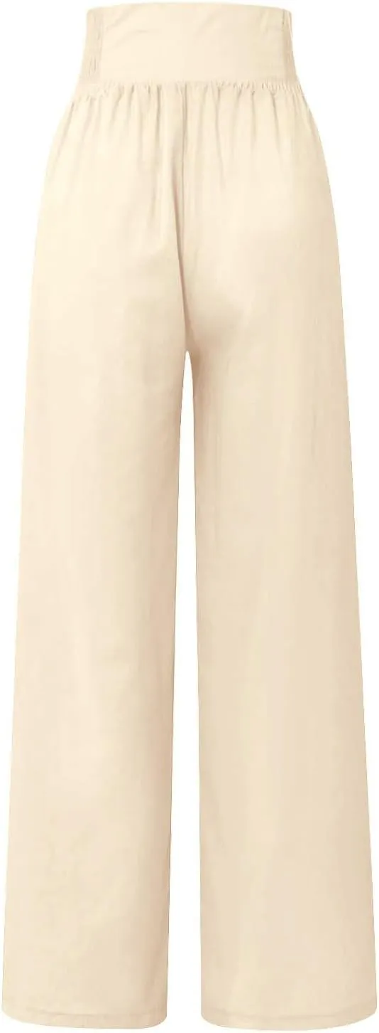 Beach Pants for Women Straight Leg Beach Pants Drawstring Elastic Waist Dressy Joggers Linen Wide Leg Long Trousers