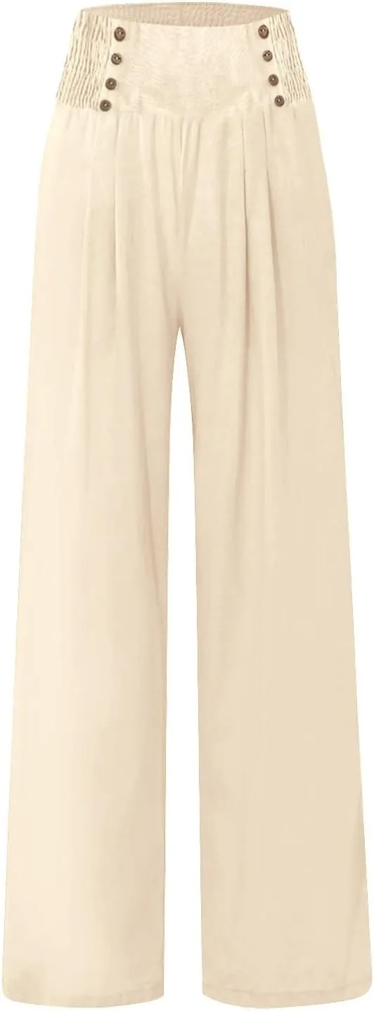 Beach Pants for Women Straight Leg Beach Pants Drawstring Elastic Waist Dressy Joggers Linen Wide Leg Long Trousers