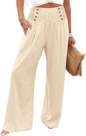 Beach Pants for Women Straight Leg Beach Pants Drawstring Elastic Waist Dressy Joggers Linen Wide Leg Long Trousers