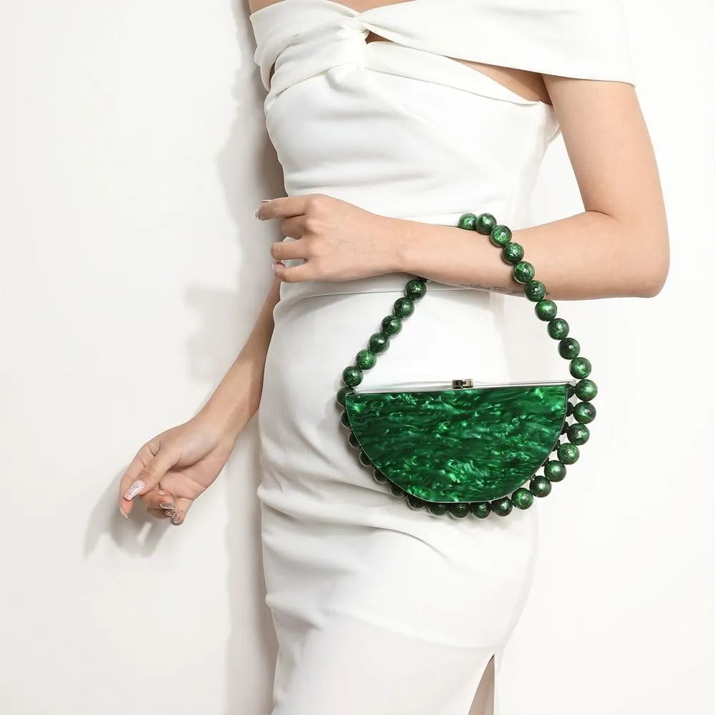 Beaded Acrylic Clutch Purse for Women Elegant Acrylic Evening Bag Unique Half Round Handbag for Wedding Party Prom
