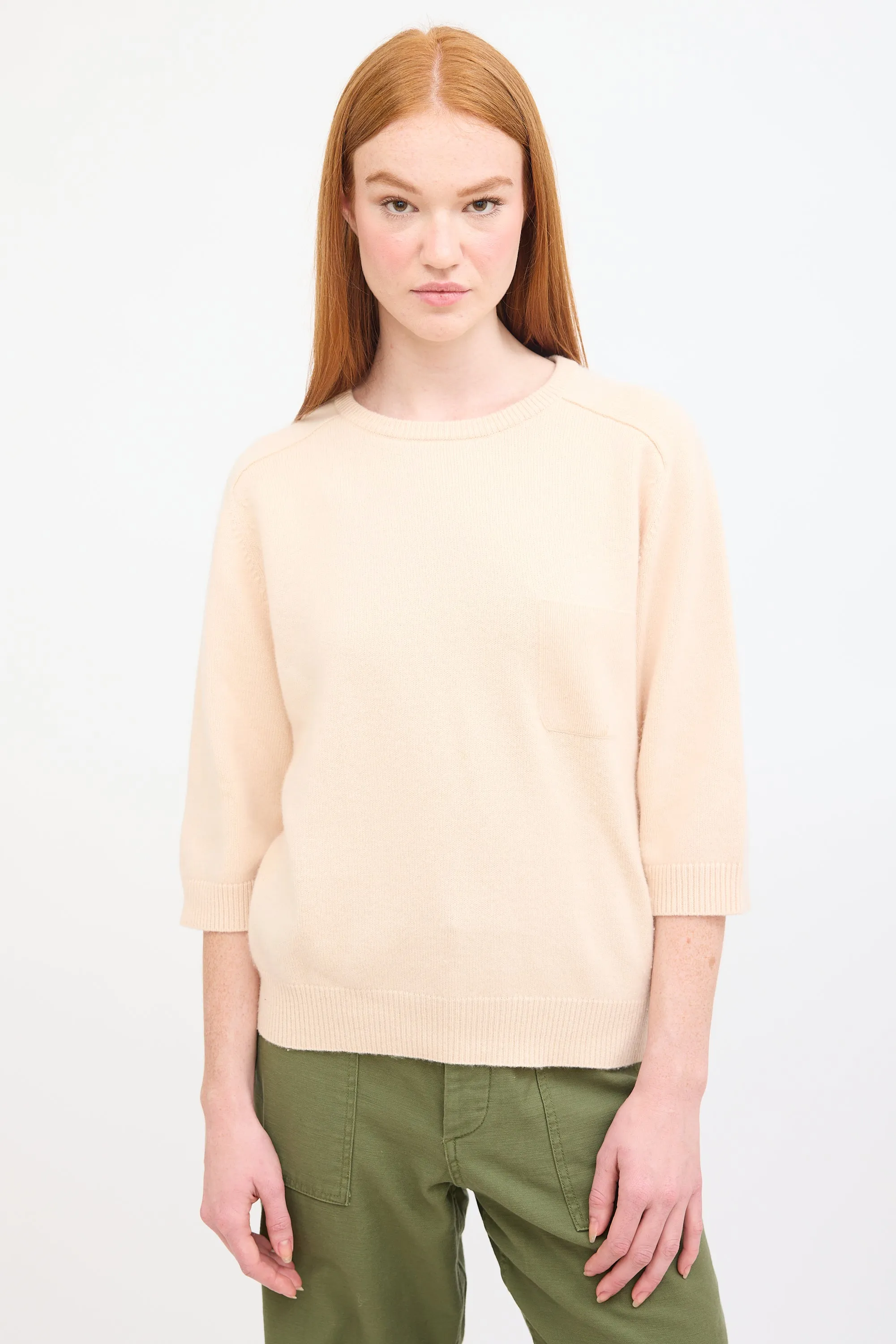 Beige Cashmere Three Quarter Sleeve Sweater