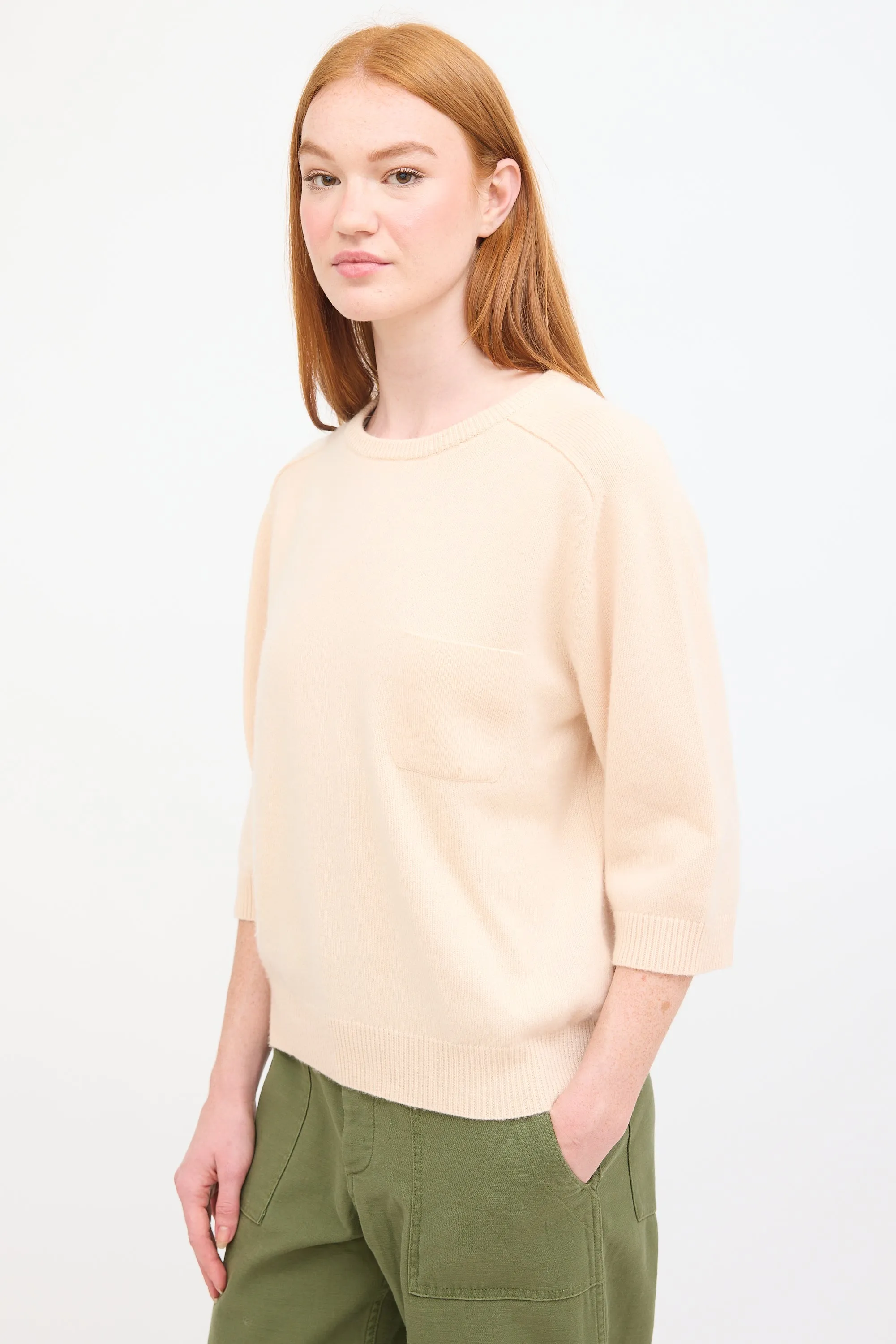 Beige Cashmere Three Quarter Sleeve Sweater
