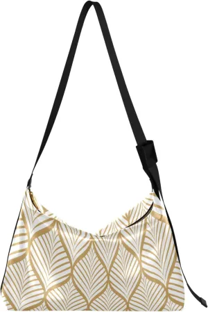 Beige Geometric Leaves PU Leather Shoulder Bag Hobo Large Crossbody Bag Unique Leaf Print Shoulder Purse Handbag