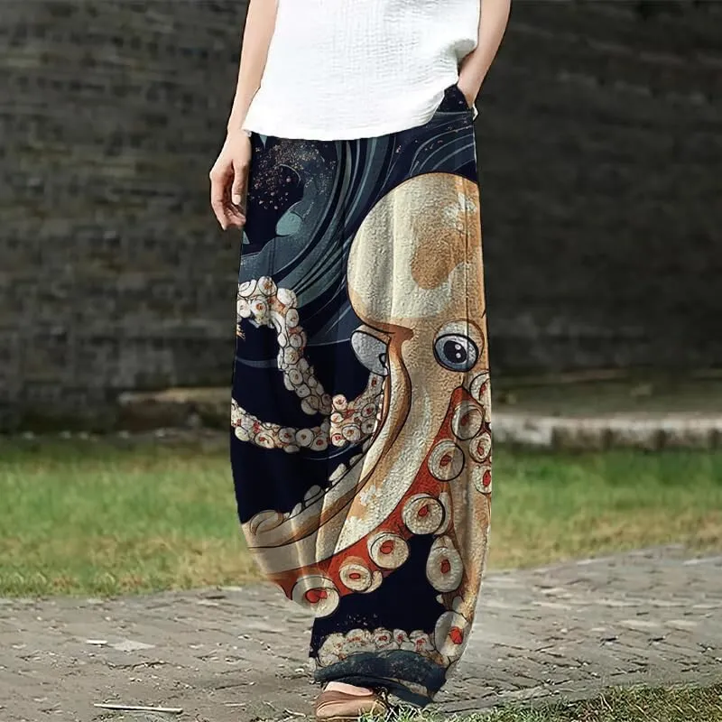 Bengbobar Boho Pants for Women Summer Plus Size Pants Japanese Art Print Casual Pants Elastic Waist Lantern Trouser