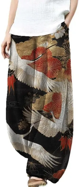 Bengbobar Boho Pants for Women Summer Plus Size Pants Japanese Art Print Casual Pants Elastic Waist Lantern Trouser