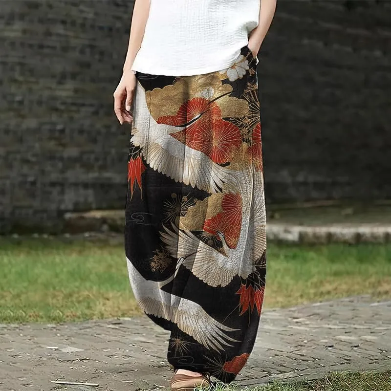 Bengbobar Boho Pants for Women Summer Plus Size Pants Japanese Art Print Casual Pants Elastic Waist Lantern Trouser