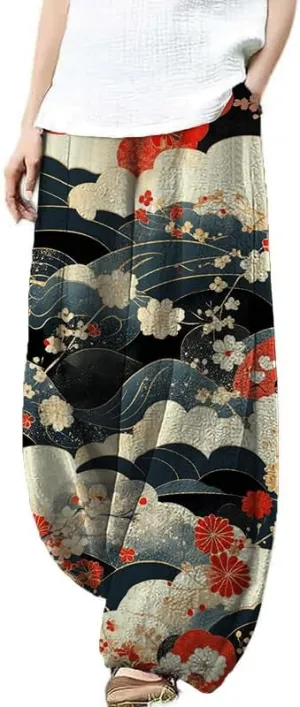Bengbobar Boho Pants for Women Summer Plus Size Pants Japanese Art Print Casual Pants Elastic Waist Lantern Trouser
