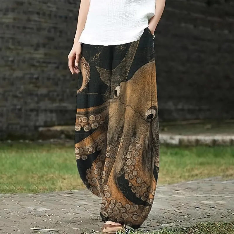 Bengbobar Boho Pants for Women Summer Plus Size Pants Japanese Art Print Casual Pants Elastic Waist Lantern Trouser