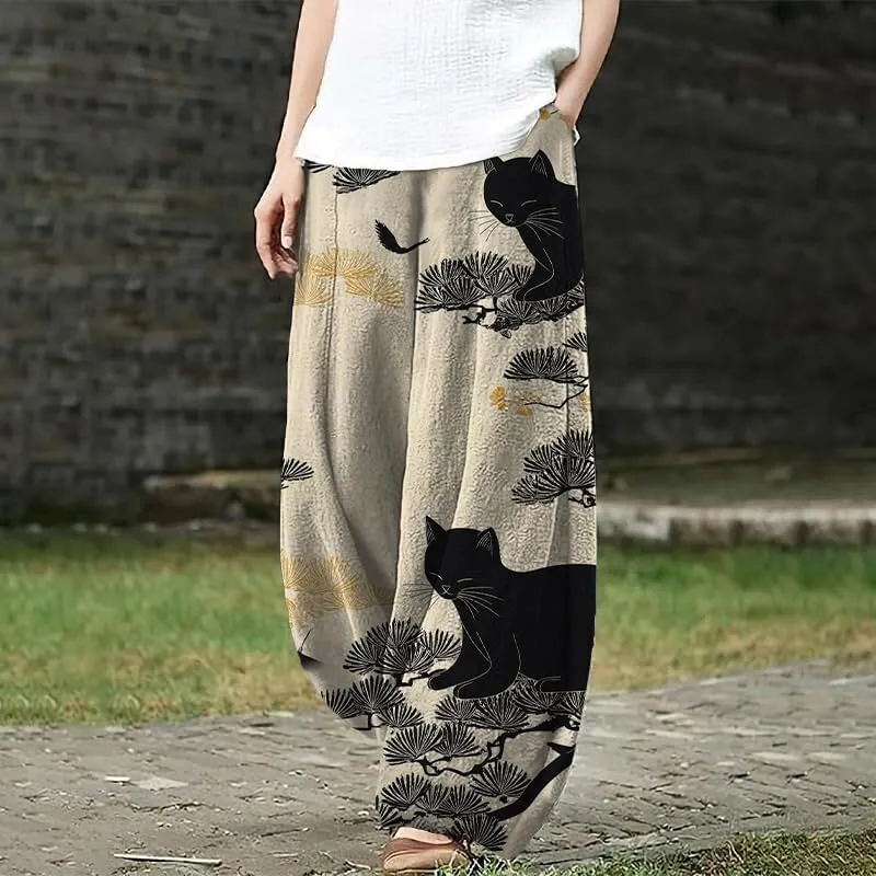 Bengbobar Boho Pants for Women Summer Plus Size Pants Japanese Art Print Casual Pants Elastic Waist Lantern Trouser