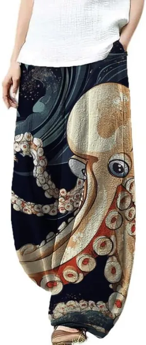 Bengbobar Boho Pants for Women Summer Plus Size Pants Japanese Art Print Casual Pants Elastic Waist Lantern Trouser