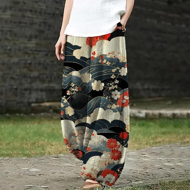 Bengbobar Boho Pants for Women Summer Plus Size Pants Japanese Art Print Casual Pants Elastic Waist Lantern Trouser