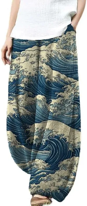Bengbobar Boho Pants for Women Summer Plus Size Pants Japanese Art Print Casual Pants Elastic Waist Lantern Trouser
