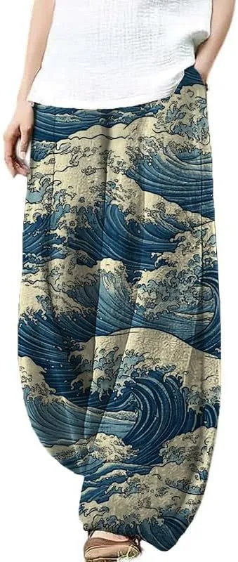 Bengbobar Boho Pants for Women Summer Plus Size Pants Japanese Art Print Casual Pants Elastic Waist Lantern Trouser