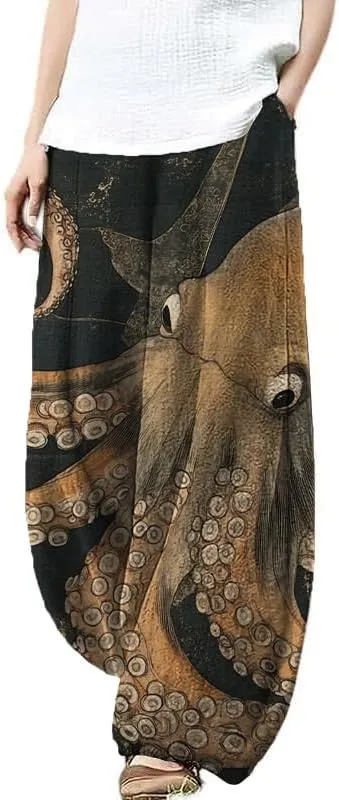 Bengbobar Boho Pants for Women Summer Plus Size Pants Japanese Art Print Casual Pants Elastic Waist Lantern Trouser