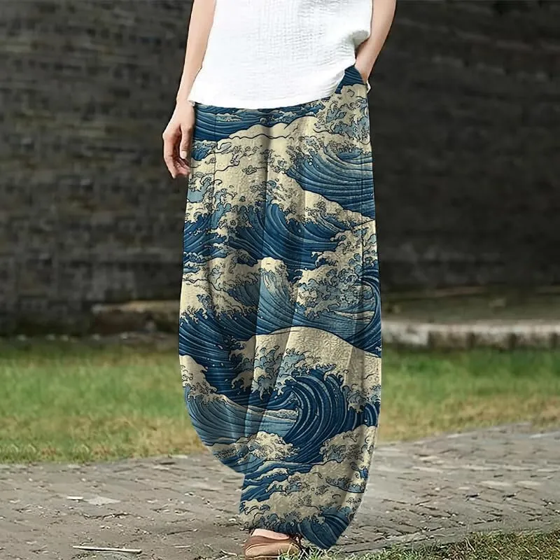 Bengbobar Boho Pants for Women Summer Plus Size Pants Japanese Art Print Casual Pants Elastic Waist Lantern Trouser