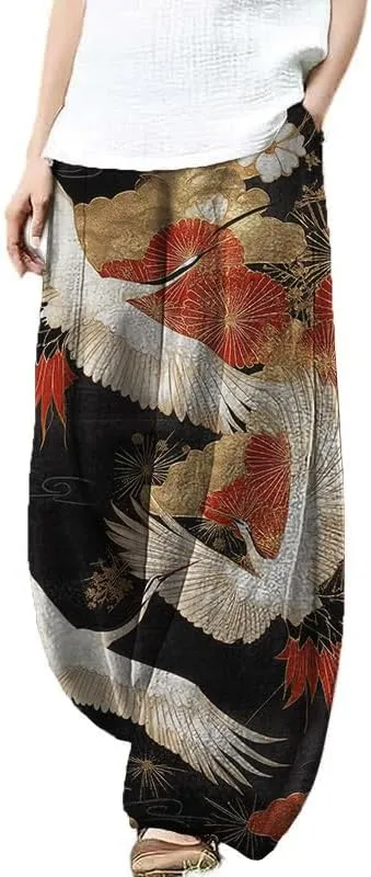 Bengbobar Boho Pants for Women Summer Plus Size Pants Japanese Art Print Casual Pants Elastic Waist Lantern Trouser