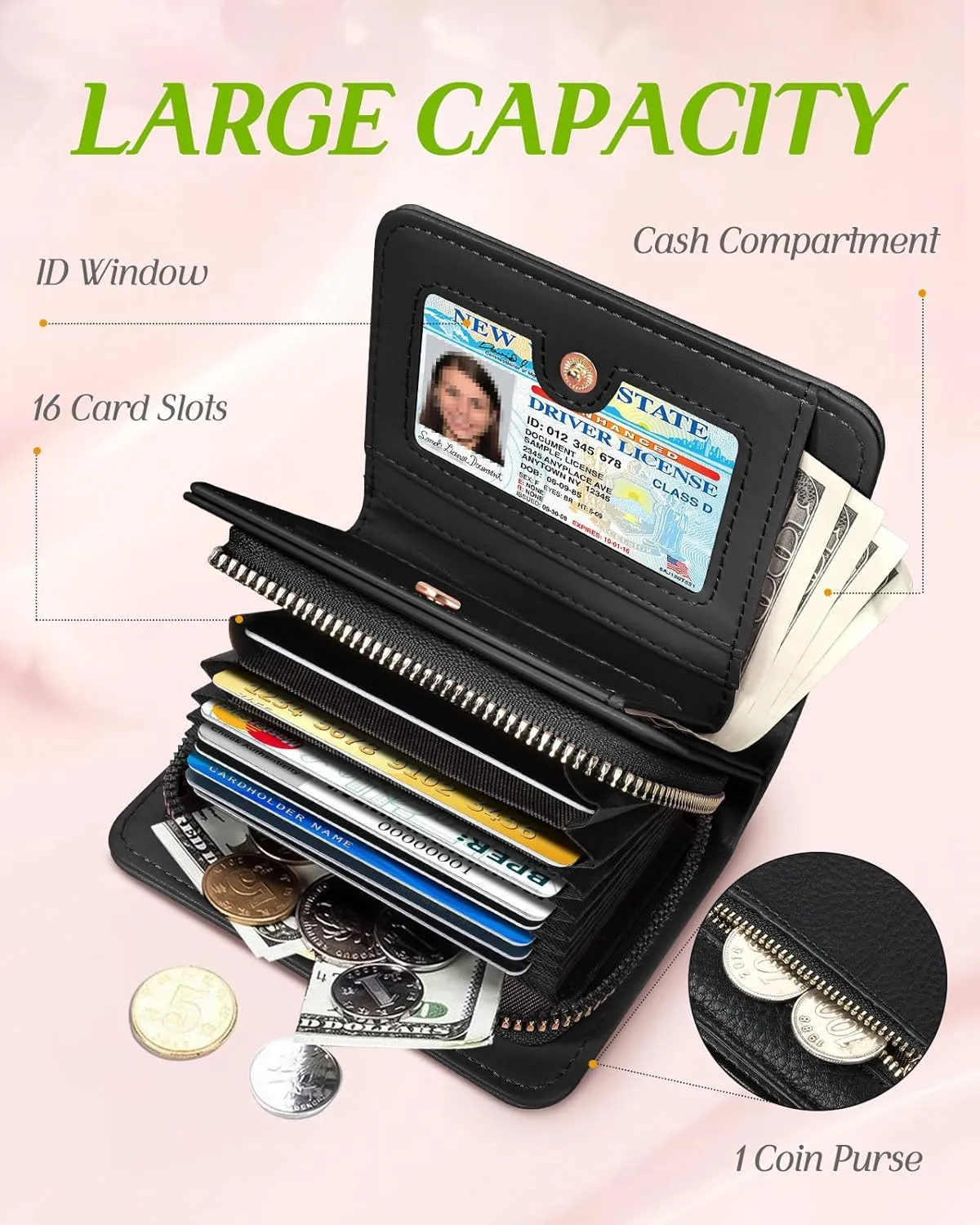 Bistup Credit Card Holder Wallet for Women Cute Leather Ladies Teen Girls Female Cardholder Wallets Accordion Purse Small Medium Aesthetic Print Bee Unique Modern Luxury Rfid Zipper Around