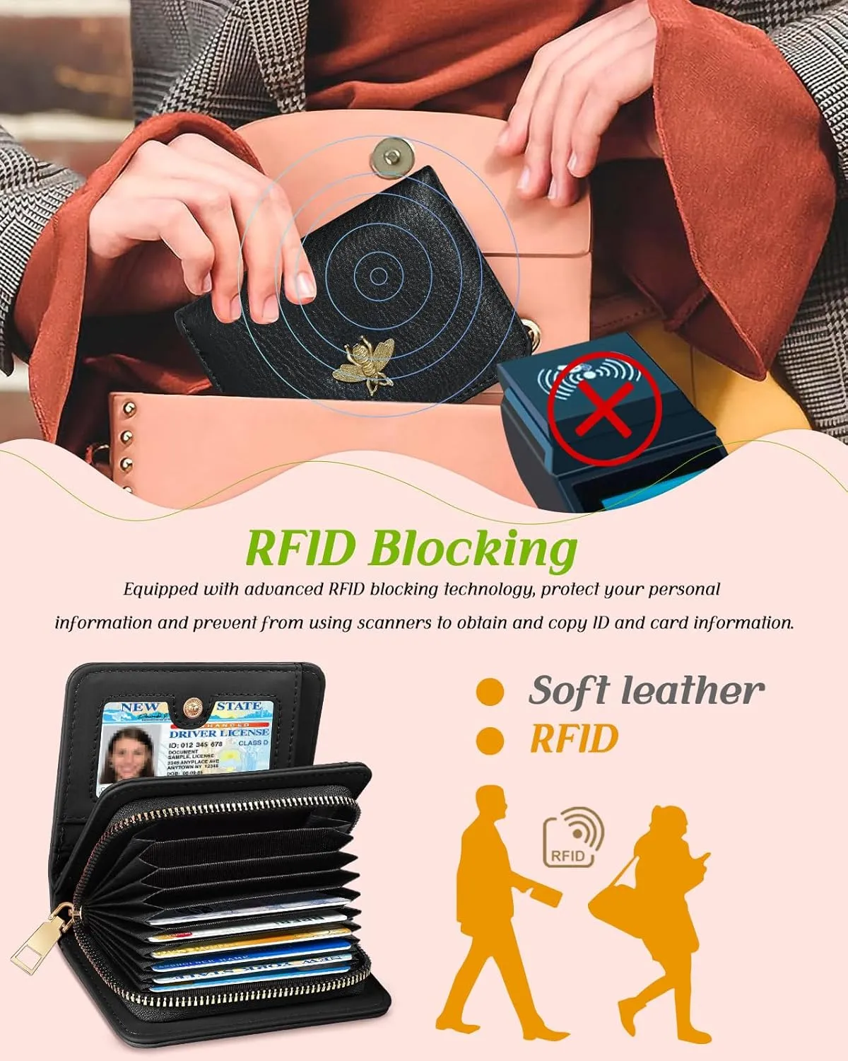 Bistup Credit Card Holder Wallet for Women Cute Leather Ladies Teen Girls Female Cardholder Wallets Accordion Purse Small Medium Aesthetic Print Bee Unique Modern Luxury Rfid Zipper Around
