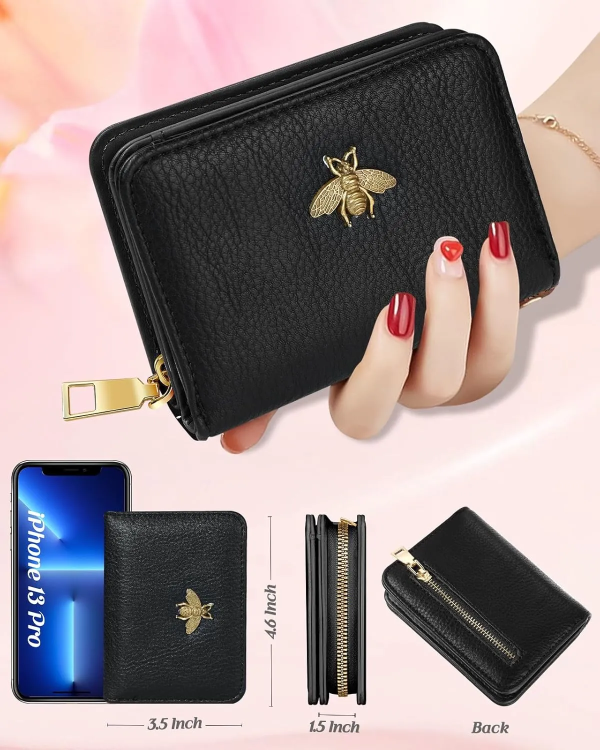 Bistup Credit Card Holder Wallet for Women Cute Leather Ladies Teen Girls Female Cardholder Wallets Accordion Purse Small Medium Aesthetic Print Bee Unique Modern Luxury Rfid Zipper Around