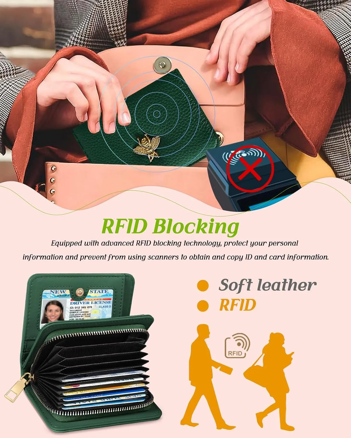 Bistup Credit Card Holder Wallet for Women Cute Leather Ladies Teen Girls Female Cardholder Wallets Accordion Purse Small Medium Aesthetic Print Green Unique Modern Design Rfid Zipper Around