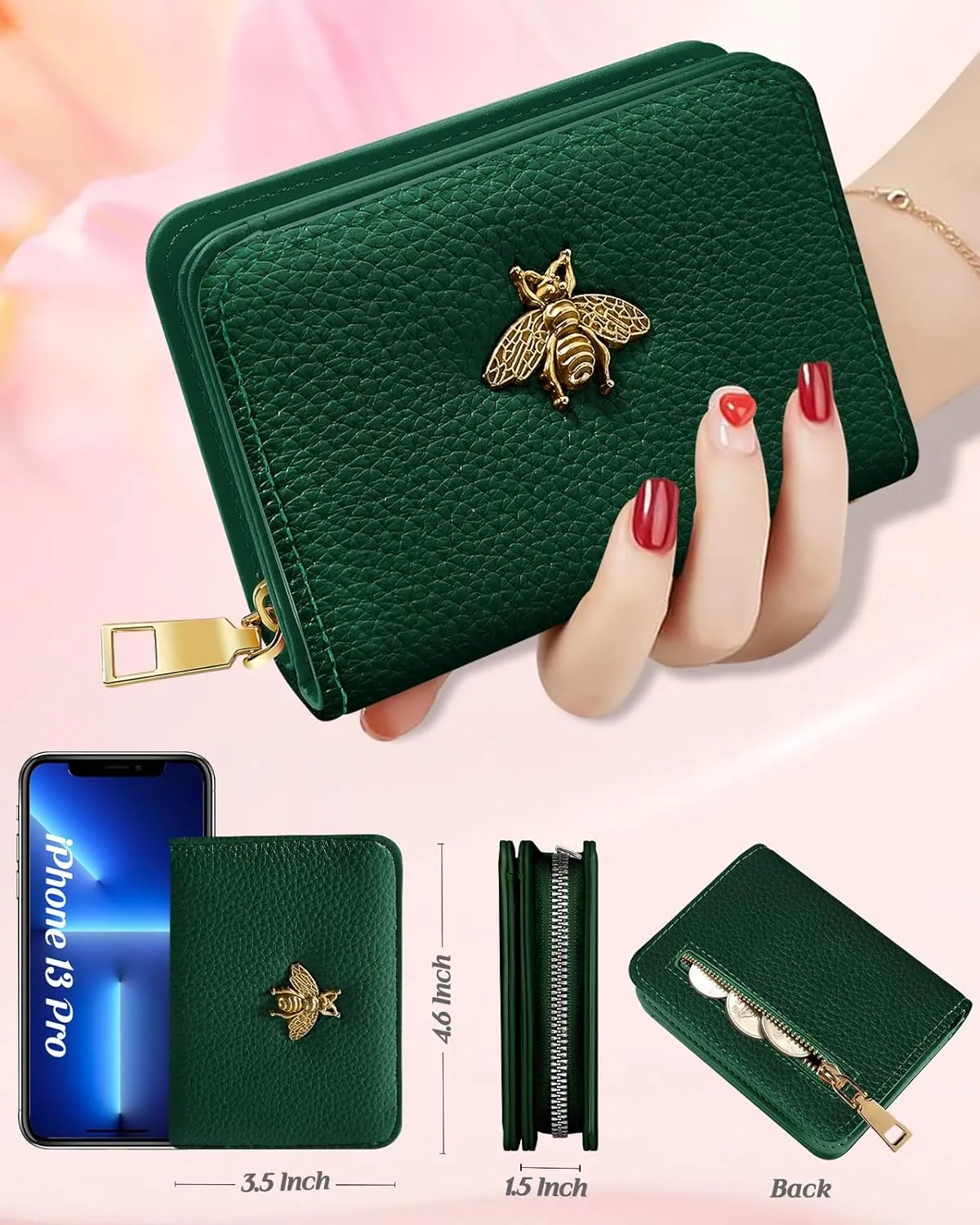 Bistup Credit Card Holder Wallet for Women Cute Leather Ladies Teen Girls Female Cardholder Wallets Accordion Purse Small Medium Aesthetic Print Green Unique Modern Design Rfid Zipper Around