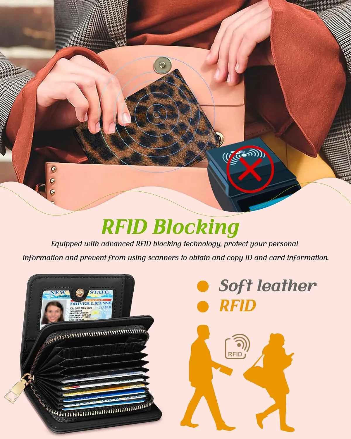 Bistup Credit Card Holder Wallet for Women Cute Leather Ladies Teen Girls Female Cardholder Wallets Accordion Purse Small Medium Aesthetic Print Leopard Modern Design Rfid Zipper Around