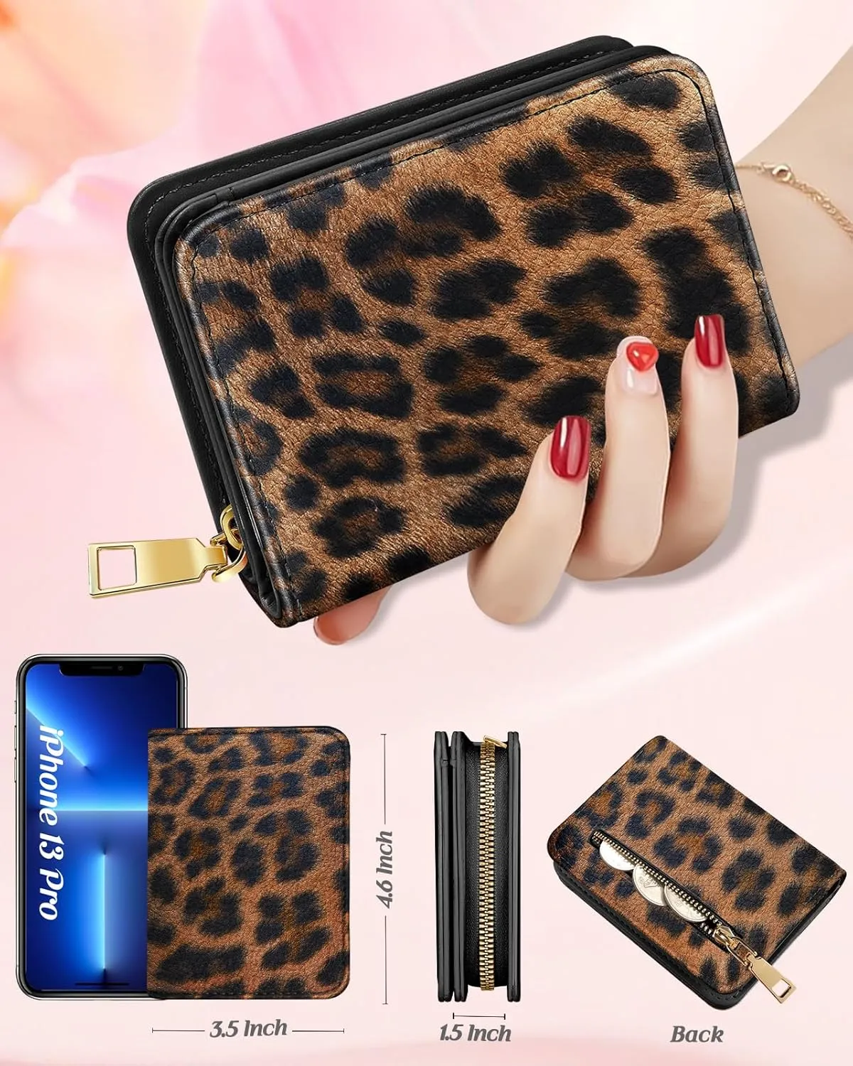 Bistup Credit Card Holder Wallet for Women Cute Leather Ladies Teen Girls Female Cardholder Wallets Accordion Purse Small Medium Aesthetic Print Leopard Modern Design Rfid Zipper Around