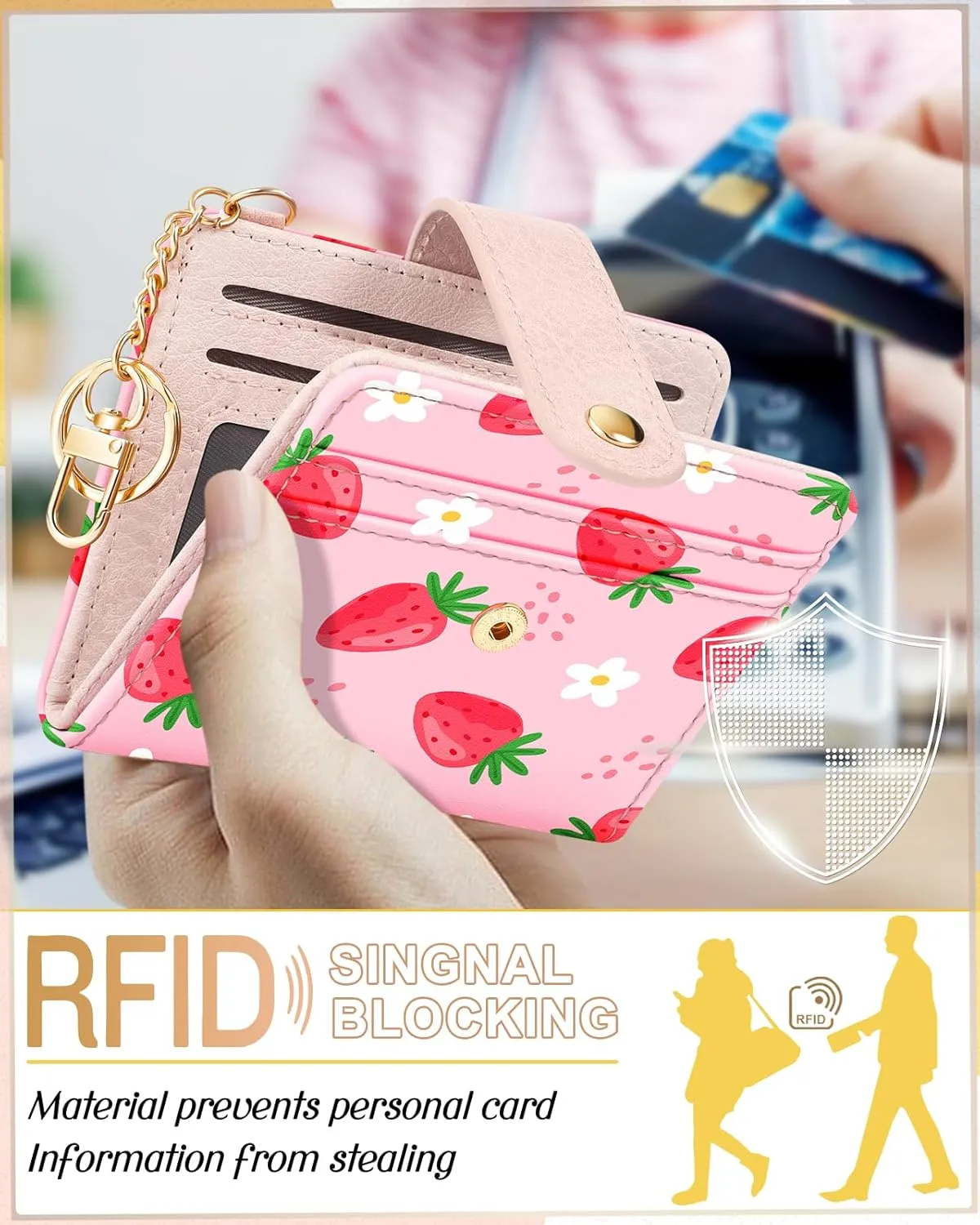Bistup Wallet for Women Cute Bifold Small Card Wallet Rfid with Keychain for Ladies Teen Girls Female Medium Girly Aesthetic Thin Slim Strawberry Unique Pretty Modern Leather Credit Card Holder Purse