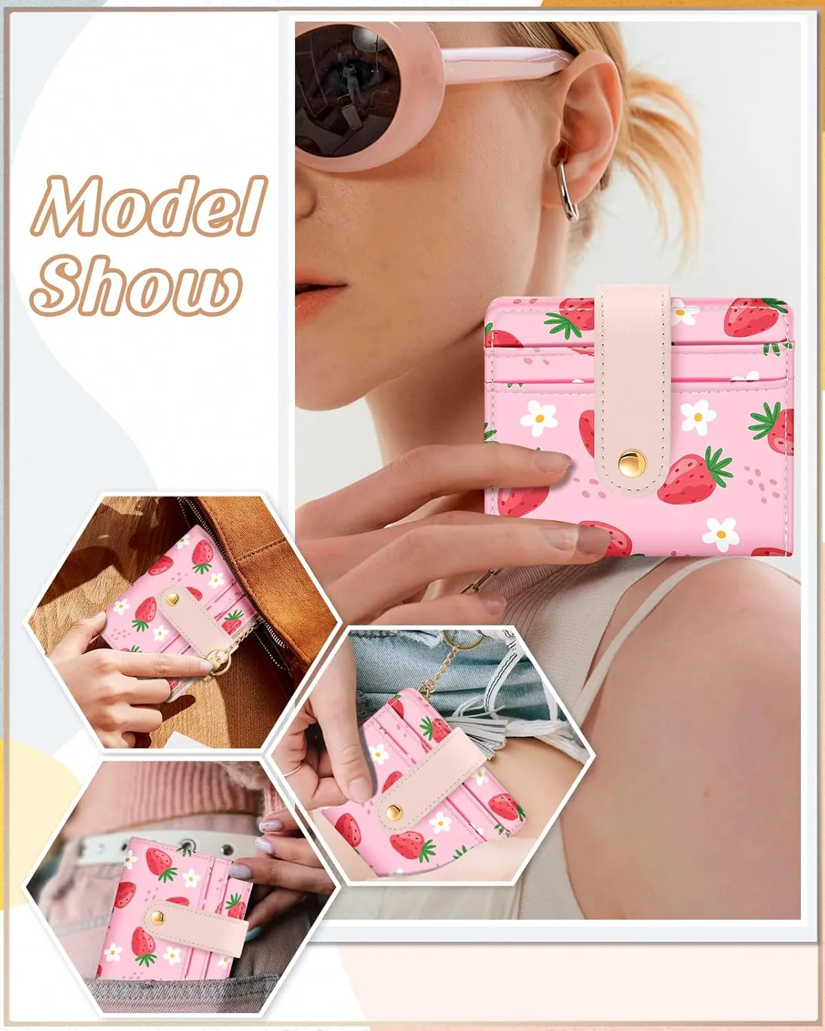 Bistup Wallet for Women Cute Bifold Small Card Wallet Rfid with Keychain for Ladies Teen Girls Female Medium Girly Aesthetic Thin Slim Strawberry Unique Pretty Modern Leather Credit Card Holder Purse