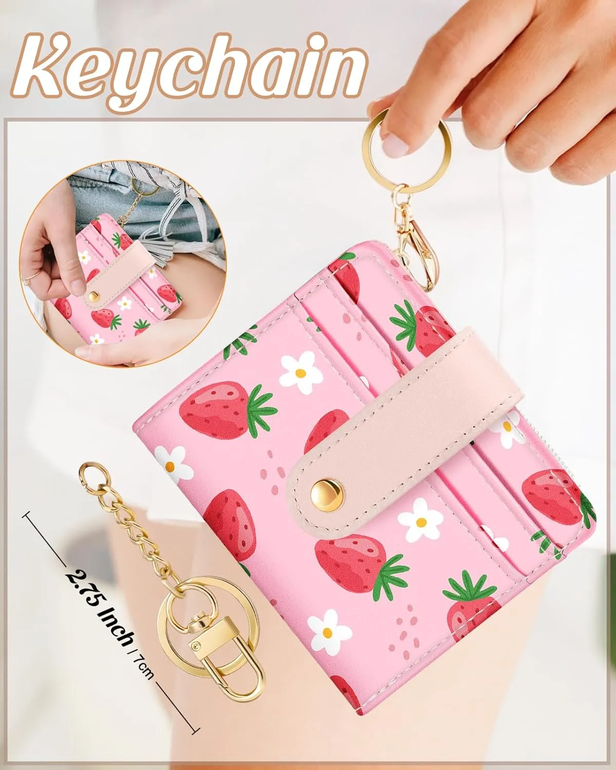 Bistup Wallet for Women Cute Bifold Small Card Wallet Rfid with Keychain for Ladies Teen Girls Female Medium Girly Aesthetic Thin Slim Strawberry Unique Pretty Modern Leather Credit Card Holder Purse