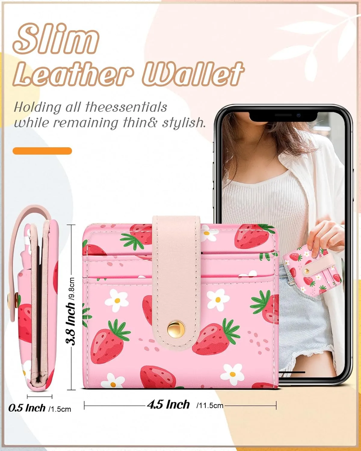 Bistup Wallet for Women Cute Bifold Small Card Wallet Rfid with Keychain for Ladies Teen Girls Female Medium Girly Aesthetic Thin Slim Strawberry Unique Pretty Modern Leather Credit Card Holder Purse